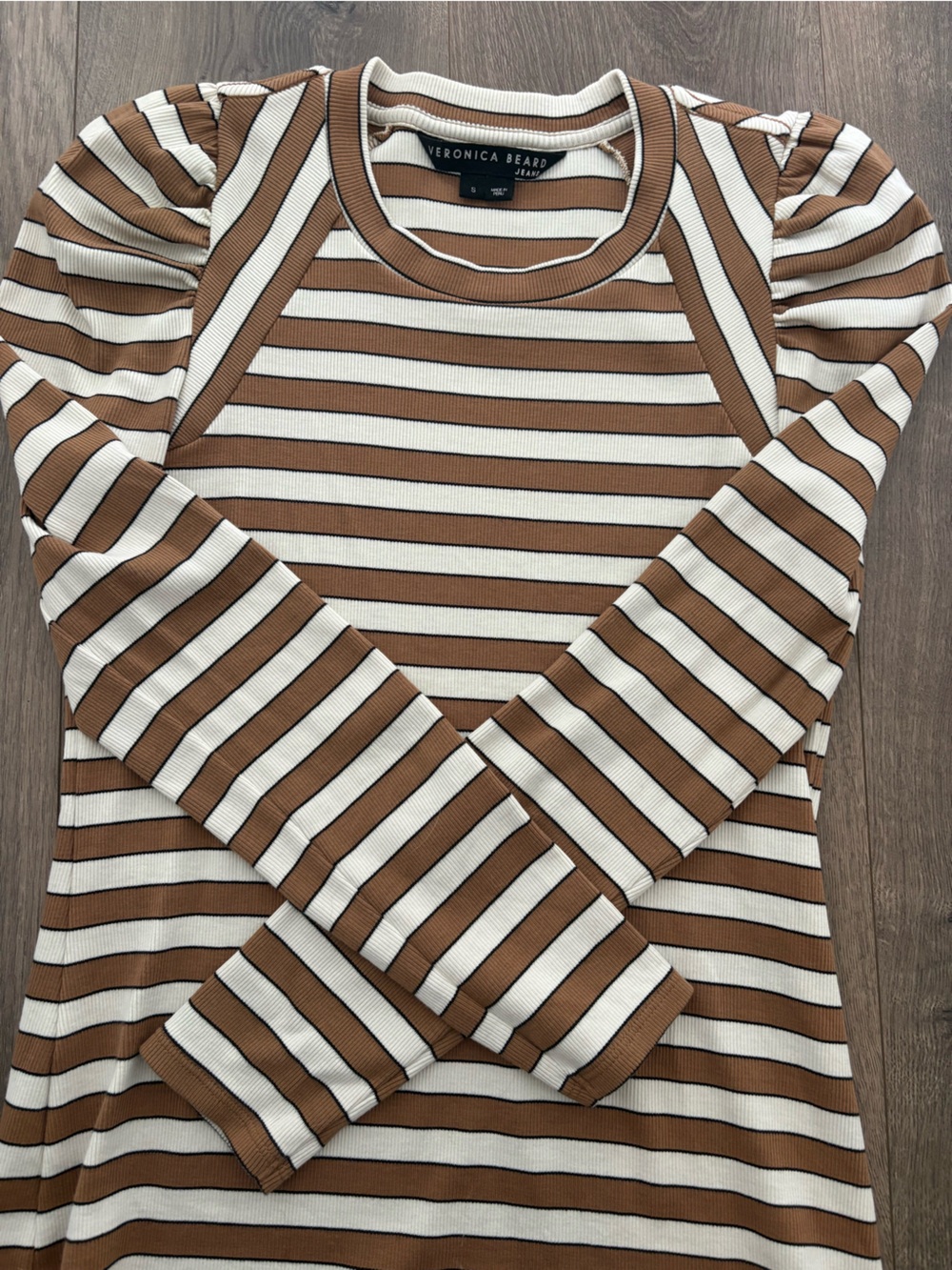 Veronica Beard Brown & Cream Striped Puff-Sleeve Long Sleeve Top